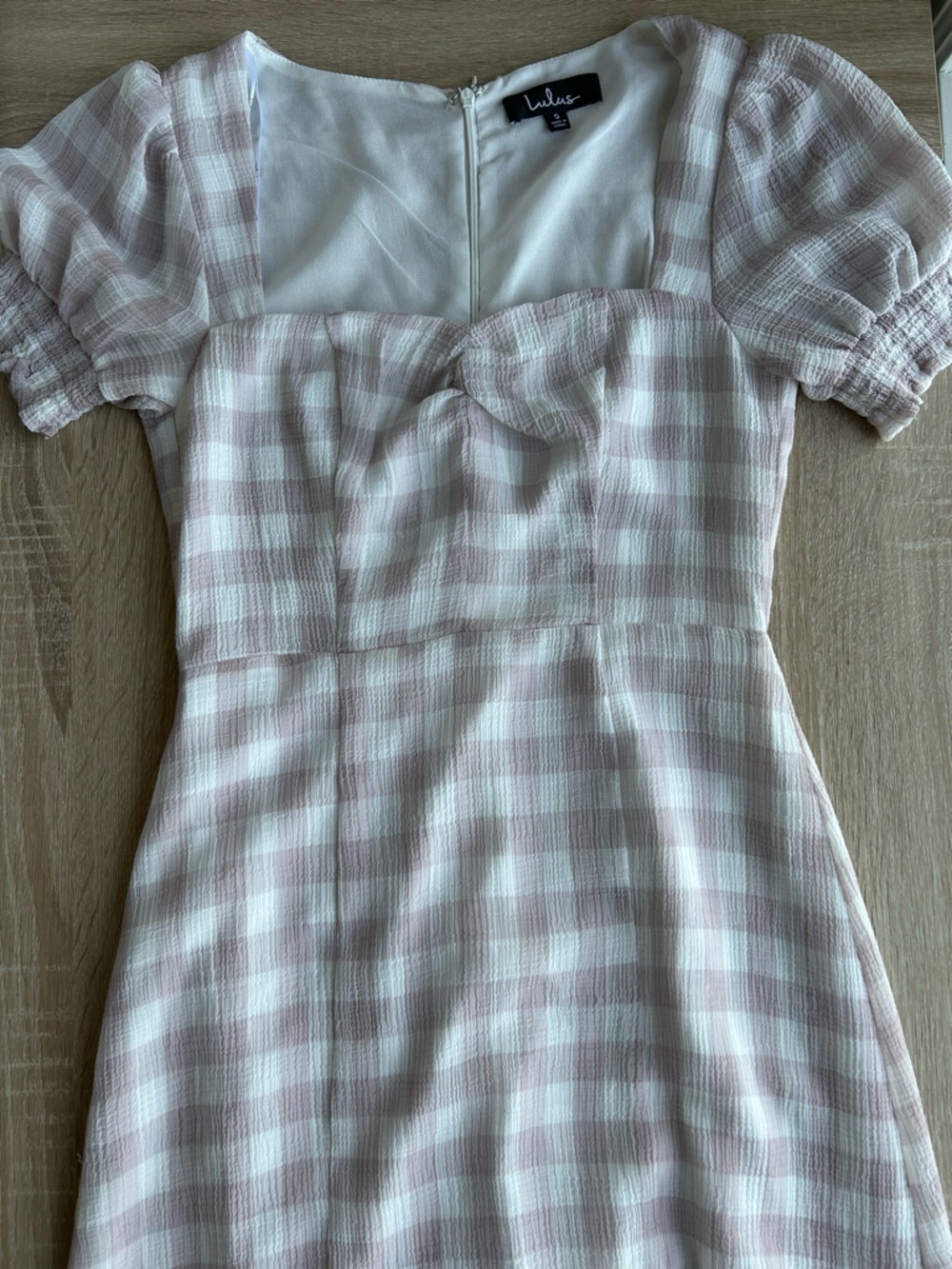 Lulus Pink Gingham Midi Dress with Puff Sleeves A line - Picture 4 of 7